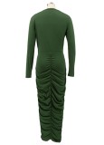 Green Long Sleeve O-Neck Crop Top and Ruched Maxi Skirt 2PCS Set