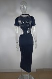 Black Cut Out Short Sleeve Backless Fitted Long Dress