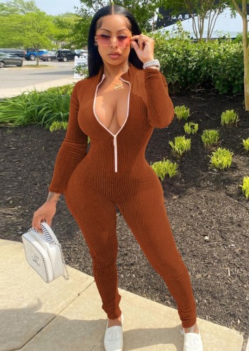 Brown Ribbed Zip Up Long Sleeves Fitted Jumpsuit