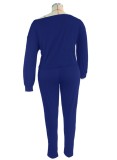 Plus Size Blue Boat Neck Irregular Top and Tight Pants Two Piece Set