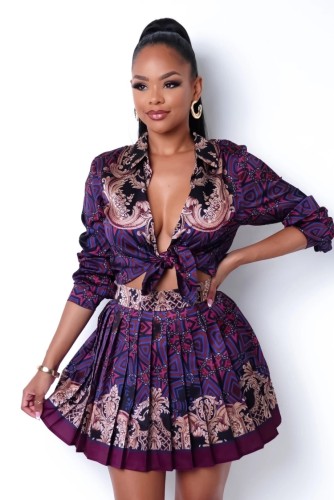 Retro Print Button Up Blouse and Mini Pleated Skirt Two Piece Set