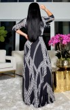 Black Printed Wrap V-Neck Long Sleeve Maxi Dress with Belt