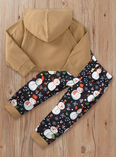 Kids Girl Elk Print Hooded Christmas Top and Pants 2PCS Set