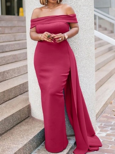 Red Off Shoulder Elegant Maxi Evening Gown