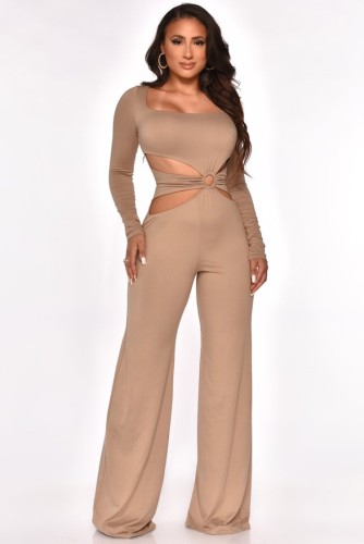 Kahaki Hollow Out Square-Ring Long Sleeve Jumpsuit