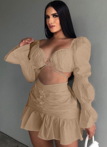Brown Bubble Sleeve Crop Top and Ruched Shirring Skirt 2PCS Set