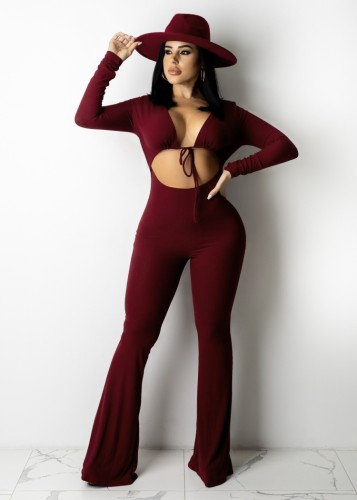 Burgundy Cut Out Long Sleeves Slim Fit Flare Jumpsuit