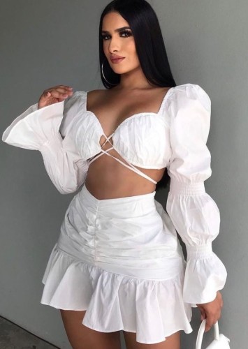 White Bubble Sleeve Crop Top and Ruched Shirring Skirt 2PCS Set