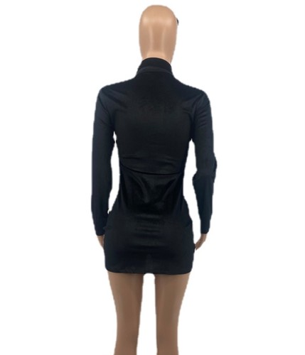 Black Button Open Long Sleeve Turndown Collar Mini Dress