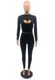 Black Keyhole Long Sleeve Crop Top And Pants Two Piece Set