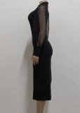 Black Silk Puff Sleeve Slit Midi Dress