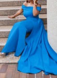 Blue Off Shoulder Elegant Maxi Evening Gown