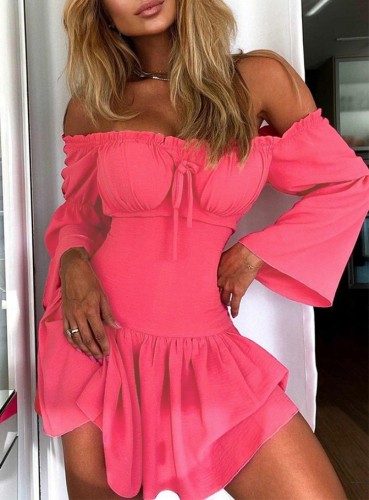 Pink Ruched Off Shoulder Bubble Sleeve Tie Mini Shirring Dress