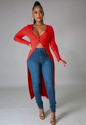 Red Ribbed Button Long Sleeve Long Rope Dress