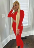 Red Long Sleeve O-Neck Crop Top and Hole Pants Two Piece Set