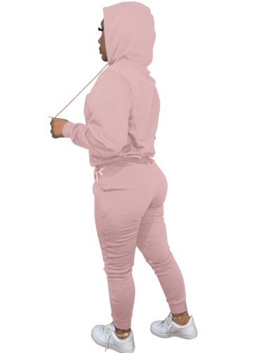 Pink Long Sleeve Hoody Top and Pant 2PCS Set with Pocket