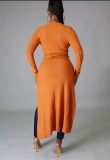 Orange Ribbed Button Long Sleeve Long Rope Dress