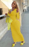 Yellow Ribbed Long Sleeves Slim Fit Dress