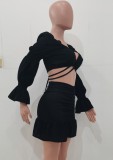 Black Bubble Sleeve Crop Top and Ruched Shirring Skirt 2PCS Set