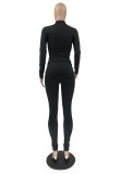 Black Ribbed Round Neck Slinky Top and Pants Two Piece Set