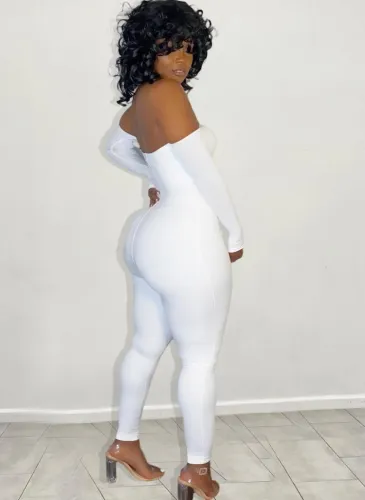 White Off Shoulder Long Sleeve Slim Fit Jumpsuit