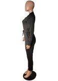 Black Zip Up Drawstring Turndown Collar Long Sleeve Jumpsuit