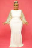 Gold Sequins Puff Sleeve White Backless Mermaid Dress
