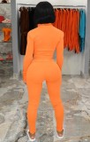 Orange Turndown Collar Zip Half Gloves Top and Pant 2PCS Set