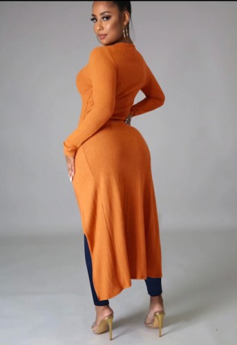 Orange Ribbed Button Long Sleeve Long Rope Dress
