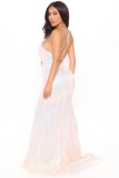 White Sequins Backless Cami Maxi Evening Dress