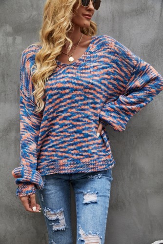 Yarn-Dyed Long Sleeve Drop Shoulder V-Neck Sweater