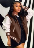Brown With White Contrast Snap Button Baseball Jacket