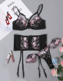 Floral Embroidery Black Underwear Bustier Galter Lingerie 2PCS Set