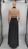 Black Halter Backless Bra and Maxi Skirt Two Piece Set