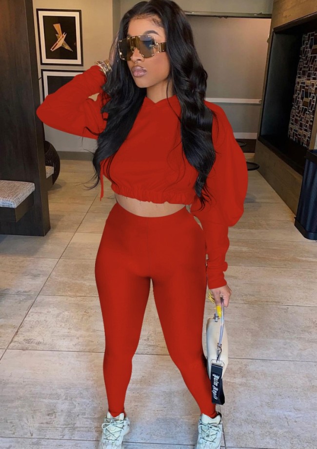 Red Hoody Drop Shoulder Crop Top and Tight Legging 2PCS Set