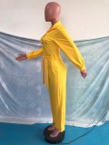 Yellow Button Up Turndown Collar Blouse Jumpsuit with Belt