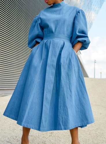 Sky Blue Bubble Sleeve High Neck Pleated Long Dress