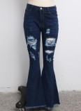 Dk-Blue Ripped High Waist Flare Jeans