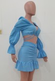 Blue Bubble Sleeve Crop Top and Ruched Shirring Skirt 2PCS Set