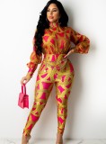 Print Rose High Neck Puff Sleeve Tight Jumpsuit
