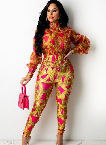 Print Rose High Neck Puff Sleeve Tight Jumpsuit