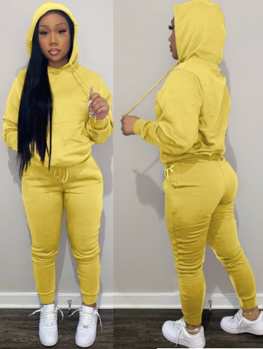 Yellow Long Sleeve Hoody Top and Pant 2PCS Set with Pocket