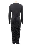 Black Long Sleeve O-Neck Crop Top and Ruched Maxi Skirt 2PCS Set
