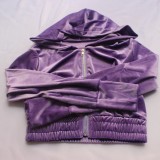 Purple Velvet Zipper Open Hoody Crop Top and Pants 2PCS Set