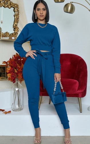 Blue Long Sleeve Top and Pant with Matching Belt Two Piece Set
