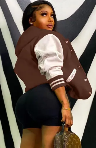 Brown With White Contrast Snap Button Baseball Jacket
