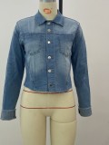 Blue Long Sleeve Turndown Collar Denim Jacket with Pocket