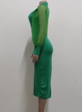 Green Silk Puff Sleeve Slit Midi Dress