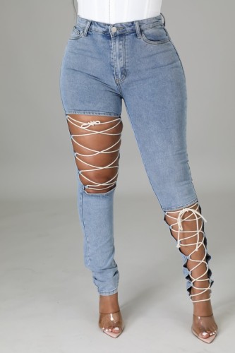 Blue Hollow Out Lace Up Tight Jeans