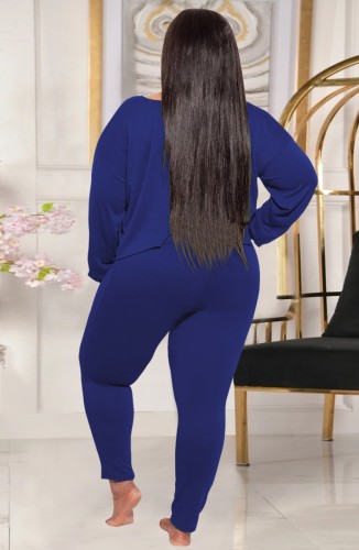 Plus Size Blue Boat Neck Irregular Top and Tight Pants Two Piece Set